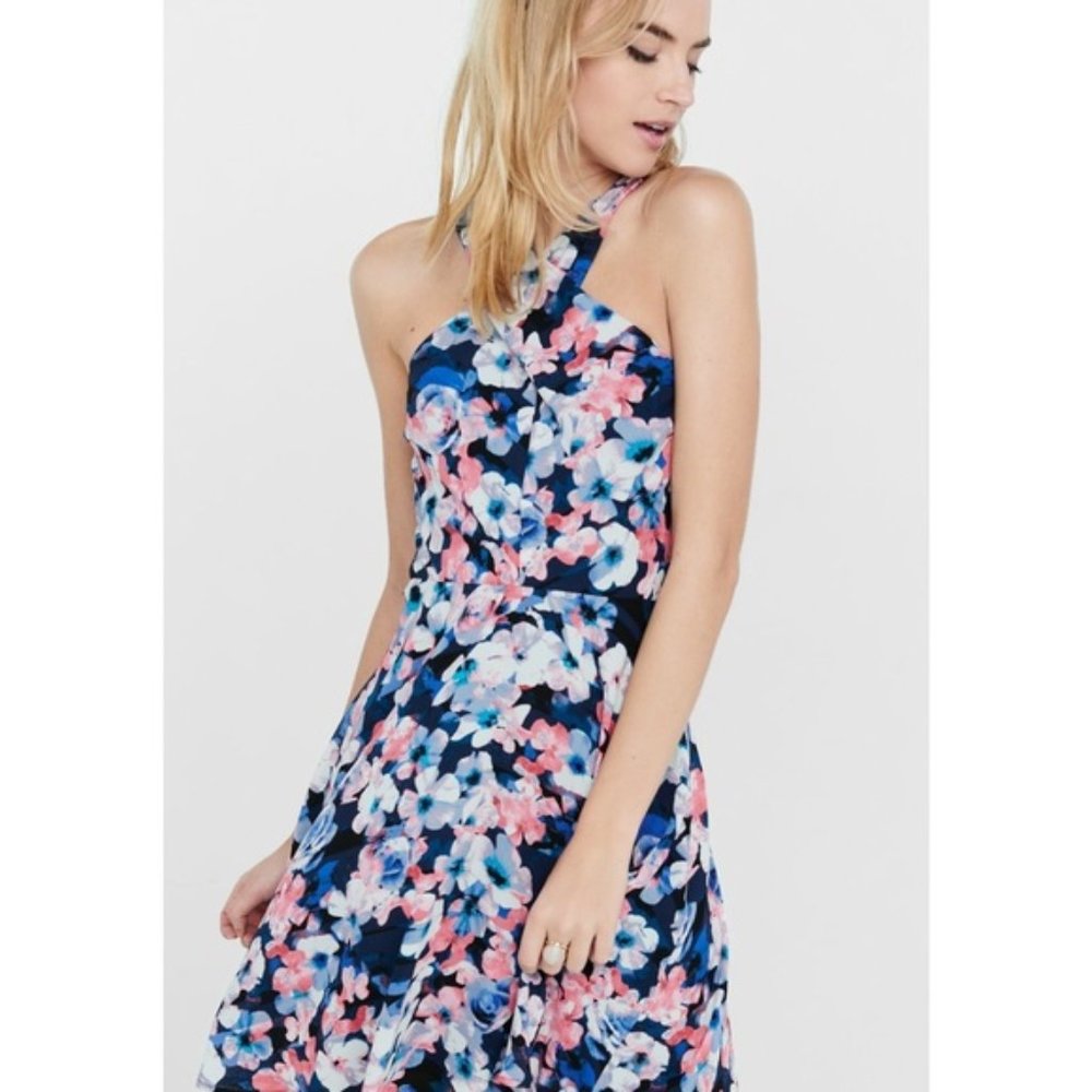 Express Floral Cross Neck Fit & Flare Mini Dress